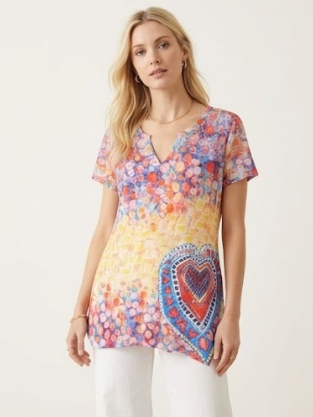 Leoma Lovegrove Multi Color Heart Print Lace Back V-Neck Tunic Blouse Size (M)